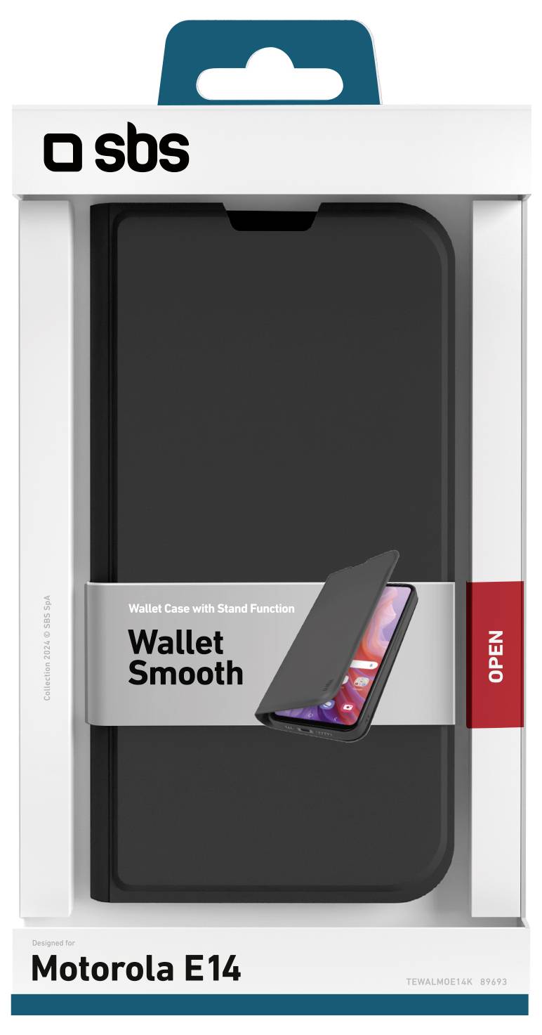 Maloobchodní balení pouzdra 'Wallet Smooth' pro Motorolu E14 obsahuje funkci stojanu na telefon.
