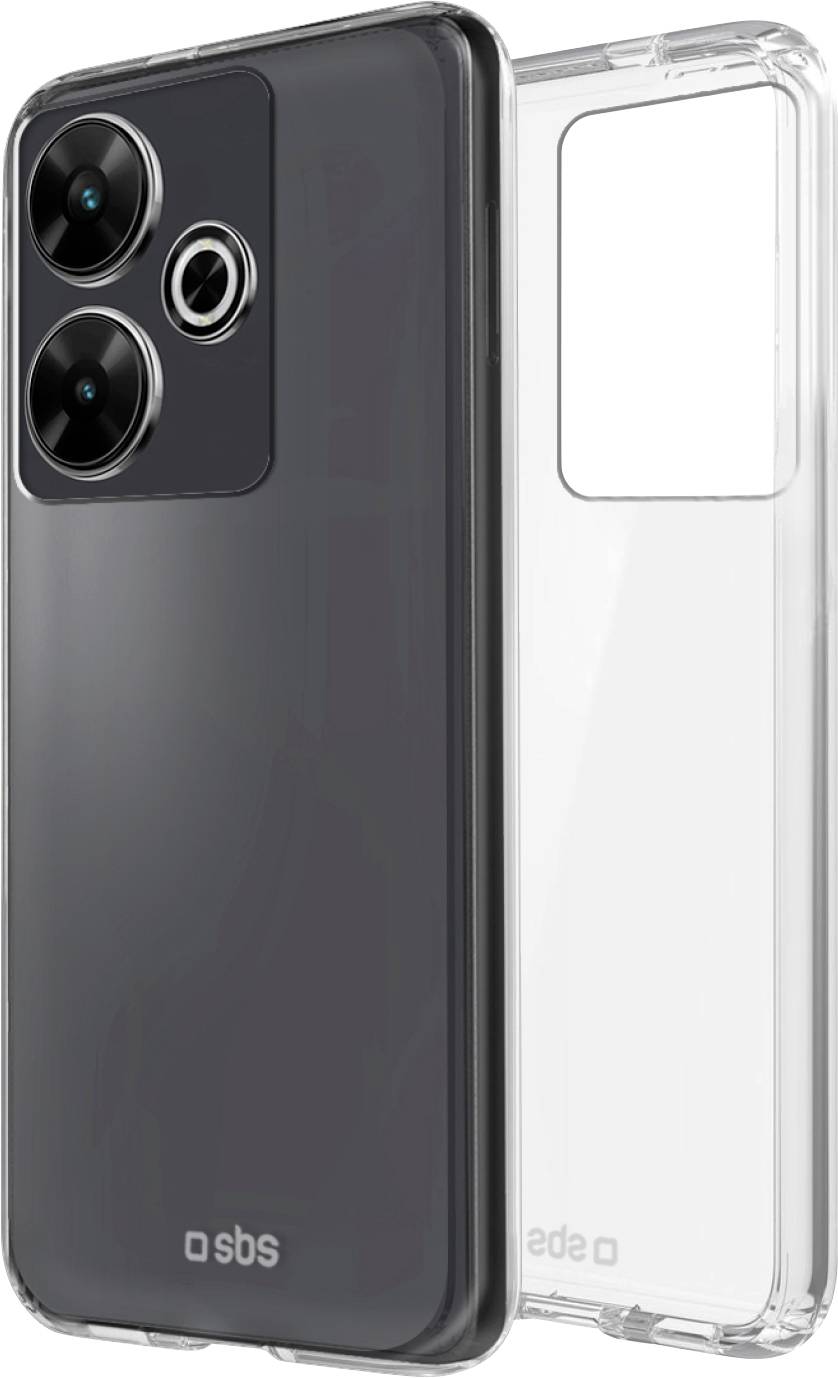 Pouzdro na telefon transparentní je zobrazeno, ukazující elegantní černý smartphone se dvěma kamerami.