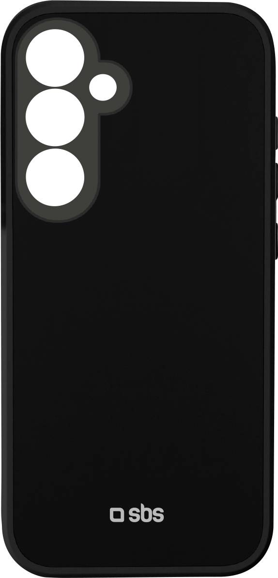 Černý kryt na telefon pro Samsung Galaxy A34 s otvory pro trojitý fotoaparát a blesk; logo značky na dně.