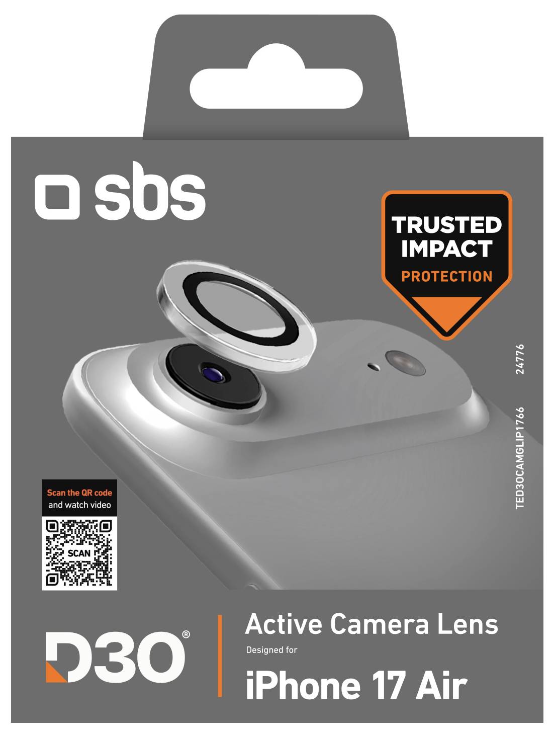 Balení „Aktivní objektivu fotoaparátu pro iPhone 17 Air" se znáčkou „Důvěryhodná ochrana proti nárazu" a QR kódem pro další informace nebo video.