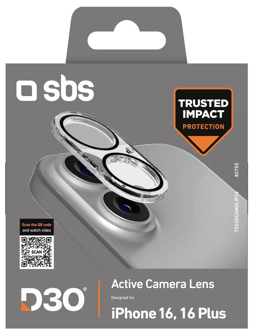 „Aktivní fotoaparát" pro iPhone 16, 16 Plus s „Důvěryhodnou ochranou proti nárazu." Balení zobrazuje objektiv a QR kód pro další informace.