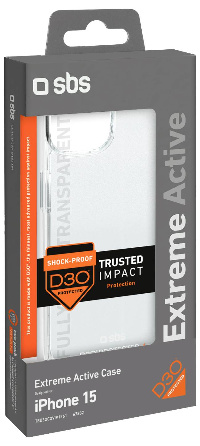 Balení „Extreme Active Case for iPhone 15" s designem průhledného obalu, výkazy „odolný proti šokům", „důvěryhodná ochrana před nárazy" a „chráněno D3O".
