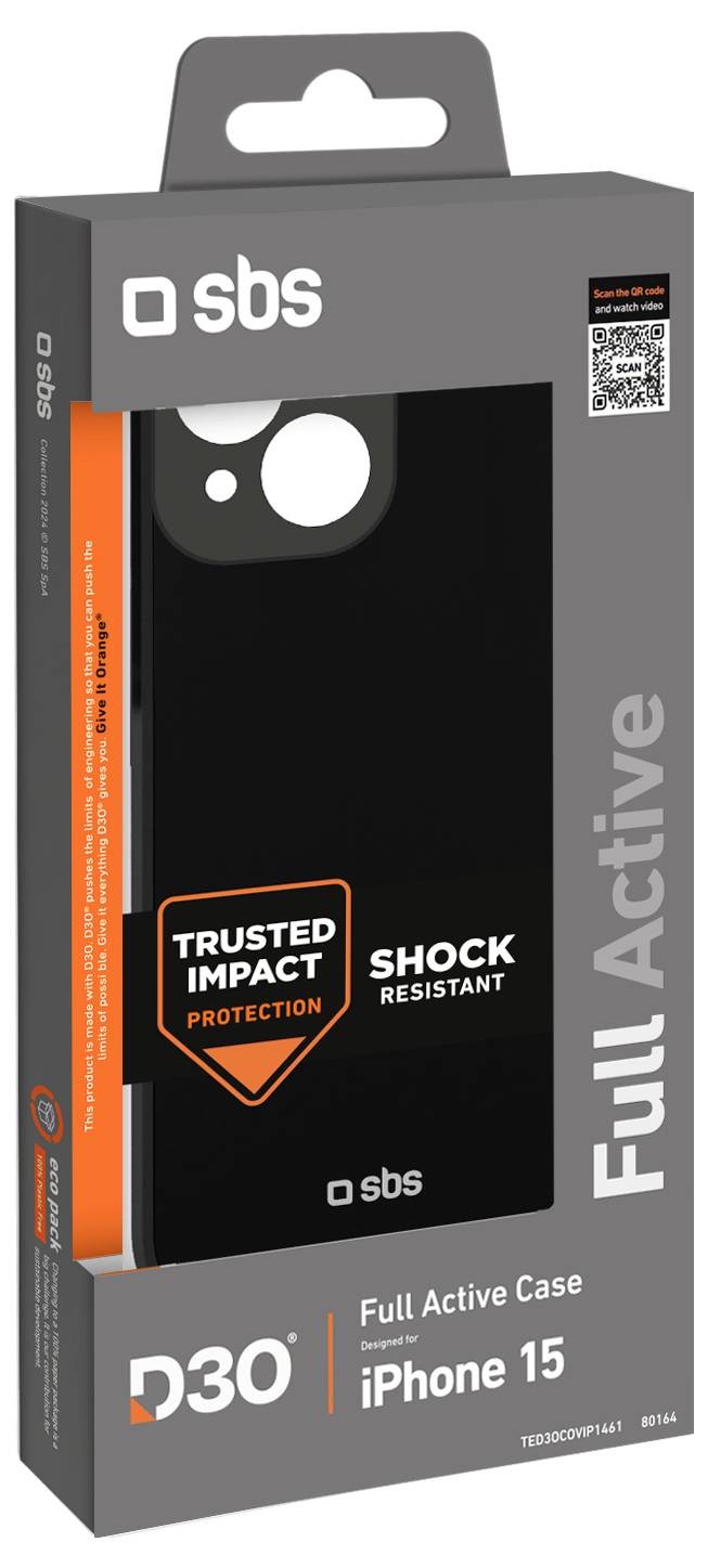 Balení "Pouzdra na iPhone 15 Full Active" zobrazující černé pouzdro s popisky "Trusted Impact Protection" a "Shock Resistant".