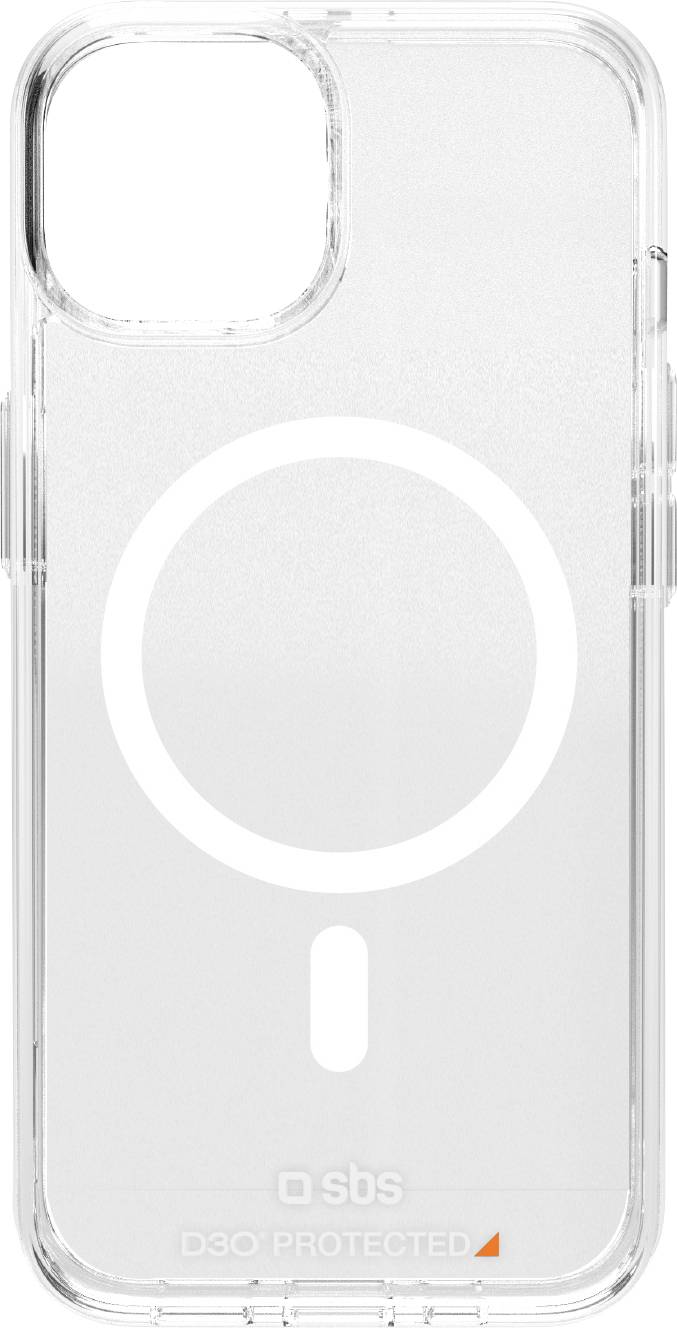 Průhledný kryt na telefon s kruhovým MagSafe kroužkem pro bezdrátové nabíjení, navržený pro iPhone. Logo značky 'sbs' je vytištěno na spodu.