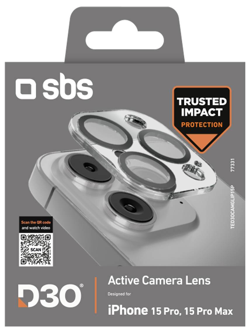 Obal ochranného skla objektivu aktivní kamery pro iPhone 15 Pro a Pro Max s označením "Trusted Impact Protection" a logem značky.