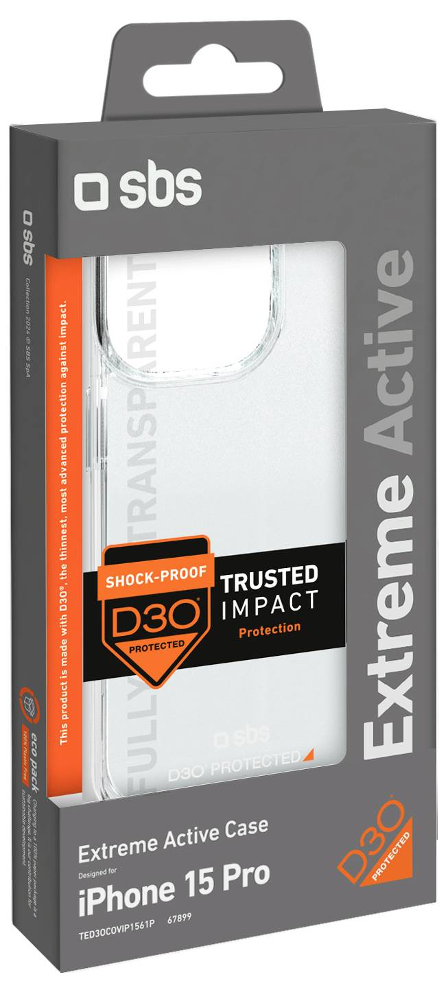 Obal „Extreme Active Case pro iPhone 15 Pro" zobrazující transparentní, ochranný obal odolný vůči šokům. Obsahuje značku ochrany před nárazy „D3O".