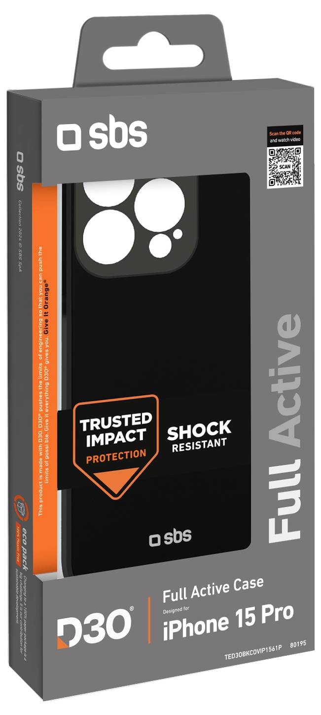 iPhone 15 Pro Full Active Case od společnosti SBS v balení, mezi funkce patří důvěryhodná ochrana před nárazy a odolnost proti šokům.