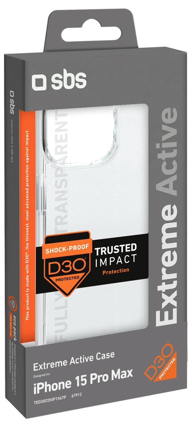 Balení „iPhone 15 Pro Max" pro „Extreme Active Case". Zahrnuje ochranu proti nárazu s čistým designem. Text: „Odolné proti šokům", „Důvěryhodná ochrana proti nárazu".