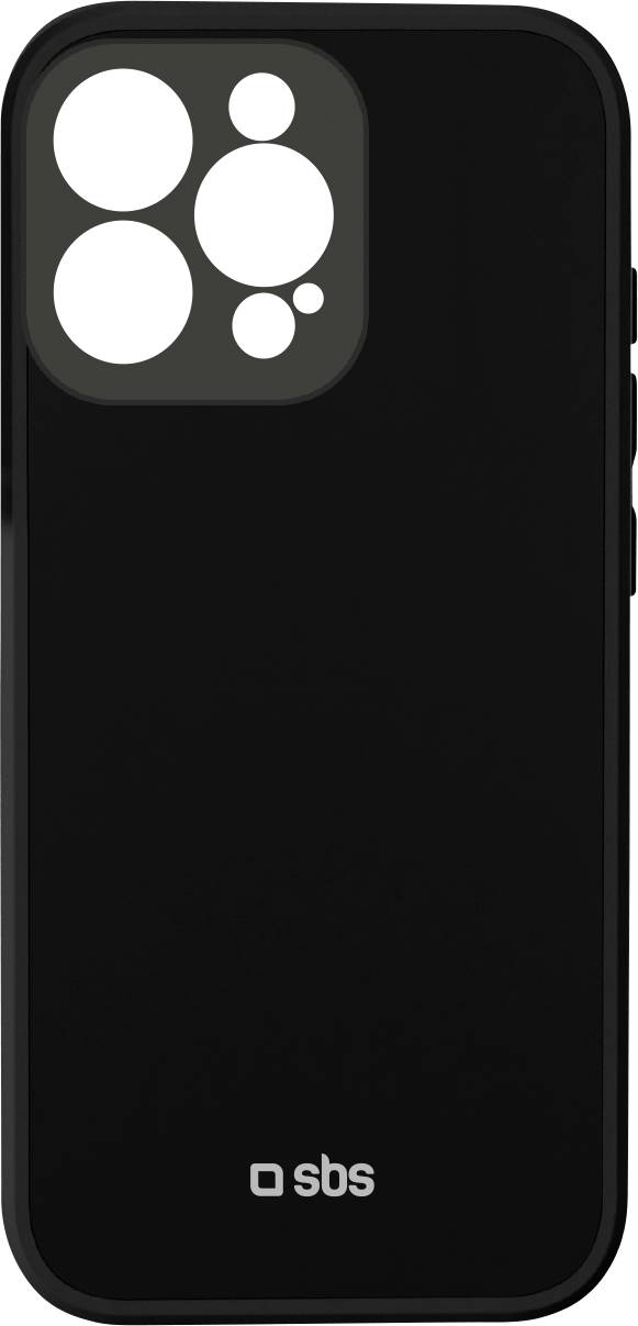 Černý obal na telefon SBS s výřezy pro fotoaparát, který vykazuje elegantní design a logo značky na spodku.