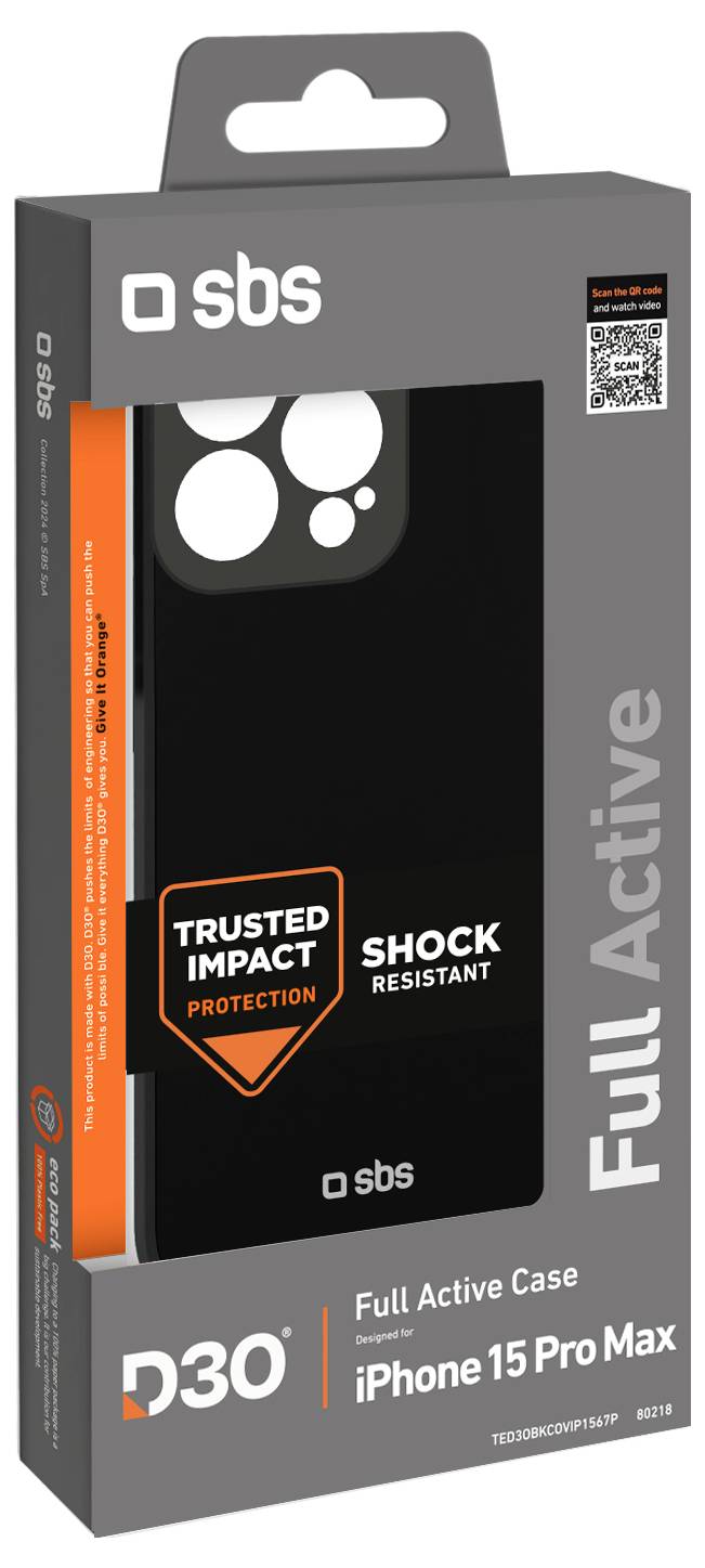 Pouzdro na telefon pro iPhone 15 Pro Max, označené „Full Active Case" s funkcemi „Důvěryhodná ochrana před nárazy" a „Odolné proti otřesům".