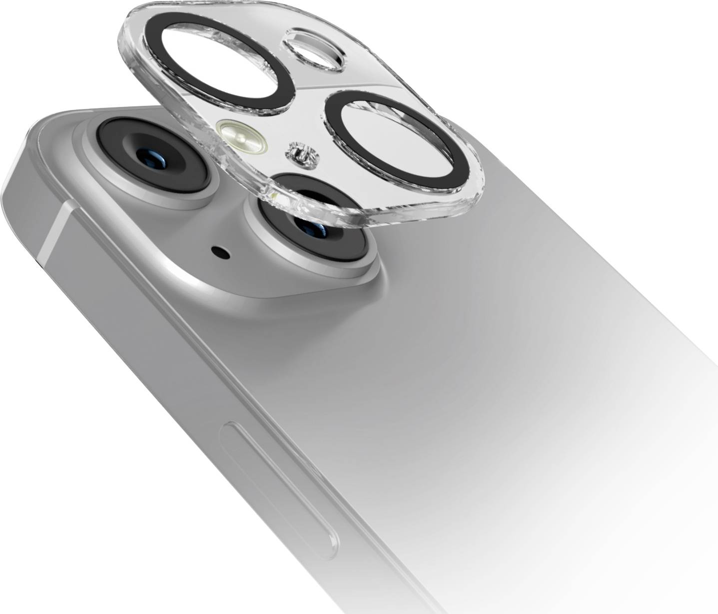 Smartphone s průhledným krytem objektivu kamery vznášející se nad jeho duálními zadními kamerami, vykazující elegantní design a zaměření na technologii.