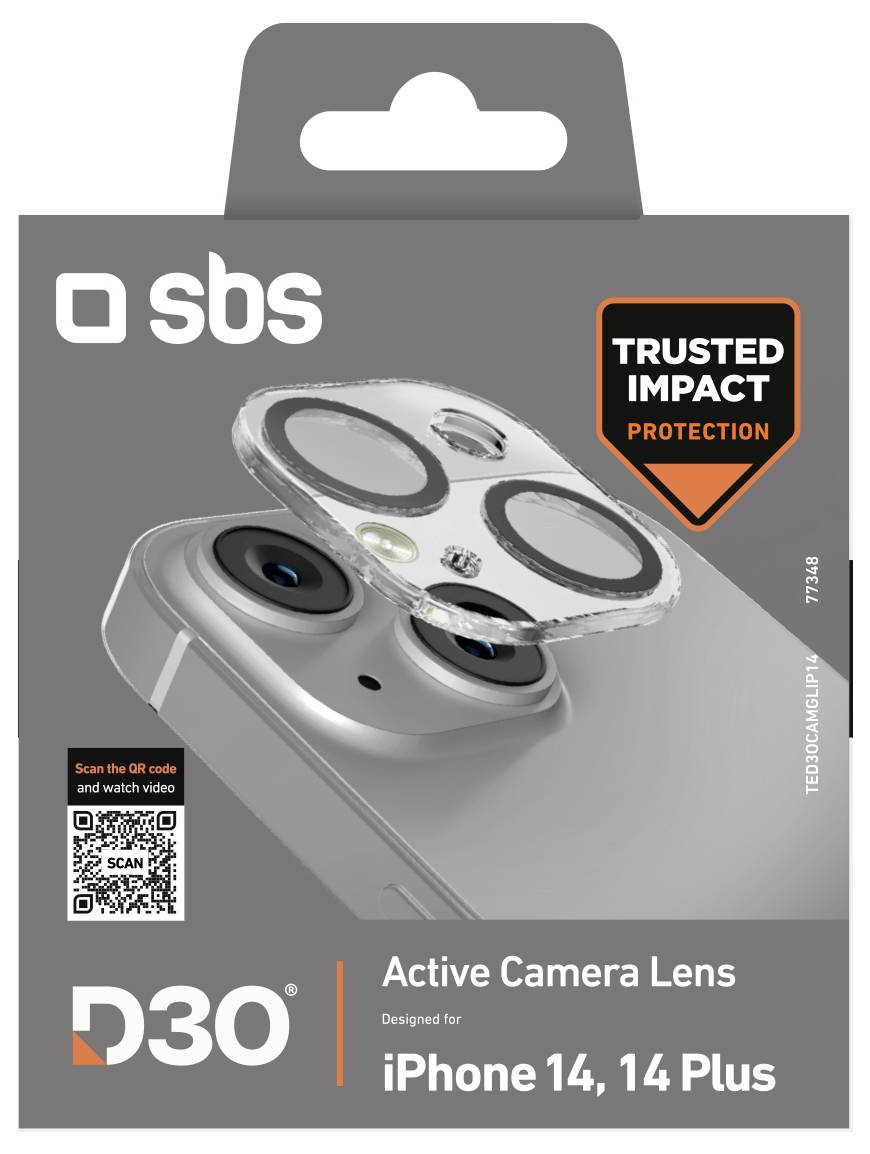 Ochranný kryt čoček fotoaparátu 'Trusted Impact Protection' pro iPhone 14 a 14 Plus od SBS. Balení obsahuje produktovou fotografii a QR kód.
