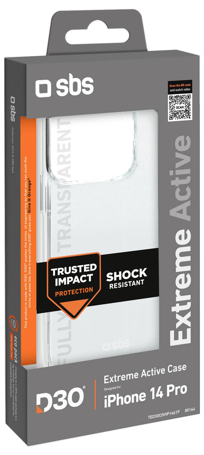 Balení 'iPhone 14 Pro Extreme Active Case', transparentní ochranný kryt telefonu s označením 'Trusted Impact Protection' a 'Shock Resistant'.