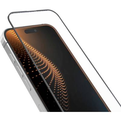 Smartphone se zářivým spirálovým vzorem na displeji, částečně zakrytý temperovanou skleněnou ochrannou vrstvou displeje, zobrazený v úhlu.