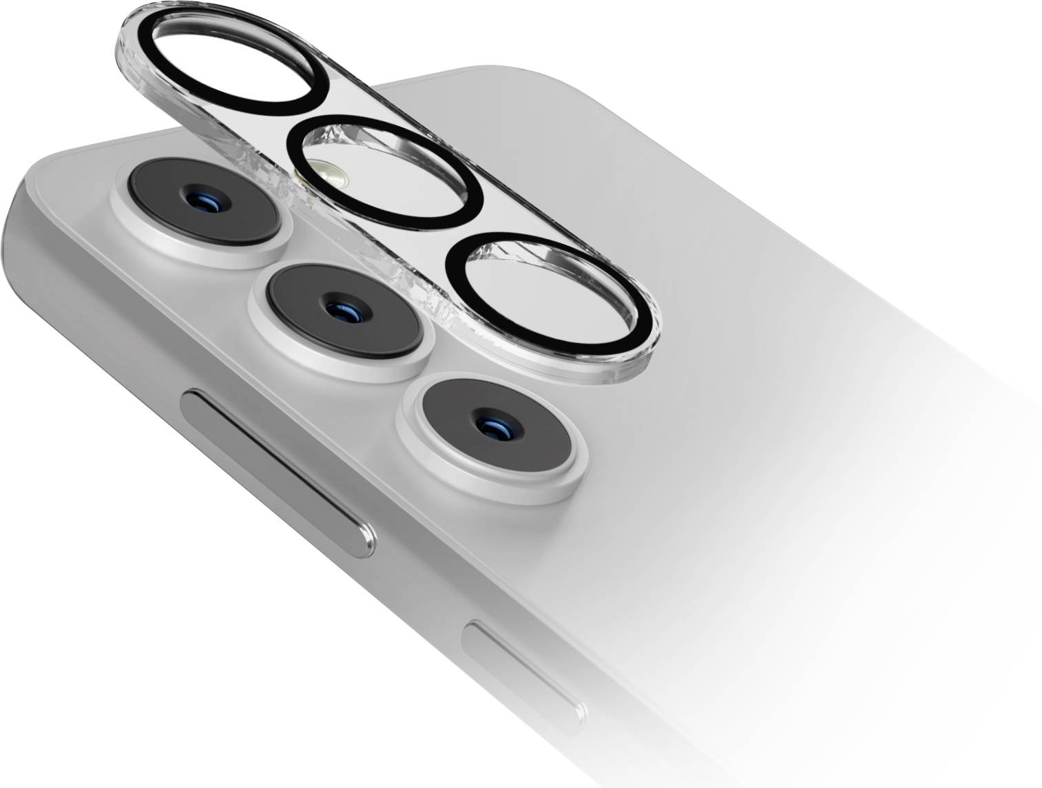 Smartphone se třemi zadními kamerami a bleskem, zobrazený v průhledném pouzdře. Design zdůrazňuje uspořádání kamer.