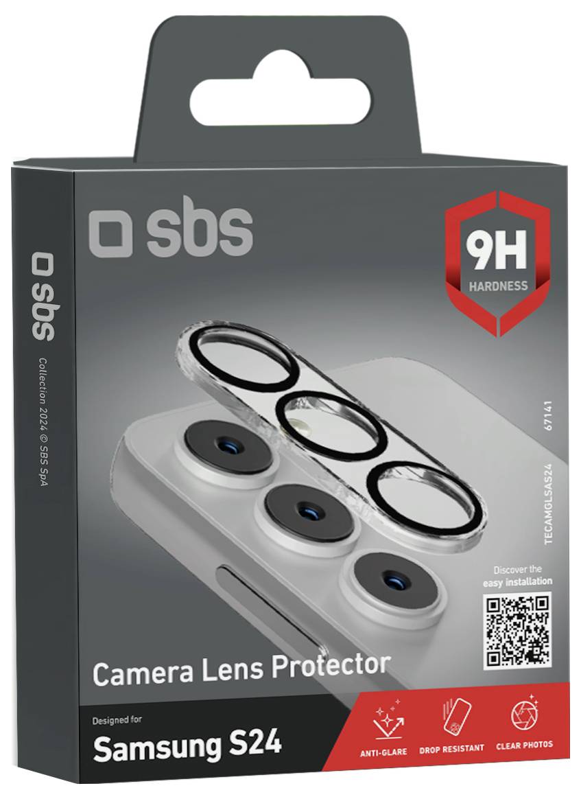 Ochranné pouzdro na objektivy fotoaparátu pro Samsung S24 od SBS s funkcí proti oslnění a odolností proti pádu. Obsahuje QR kód pro další informace.