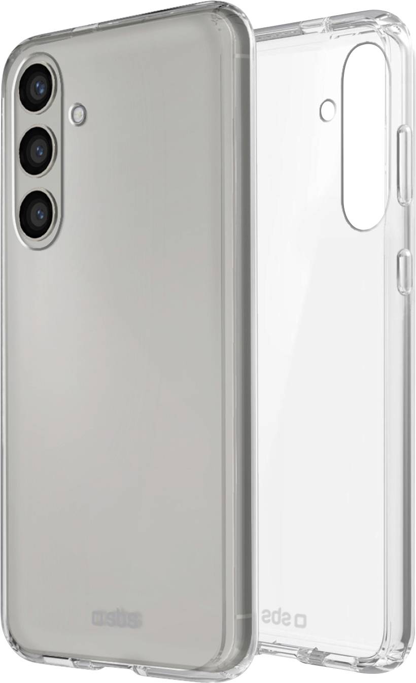 Dva průhledné pouzdra na telefony, určená pro telefony se třemi vertikálními fotoaparáty, zobrazená zezadu a z boku, aby se zvýraznila konstrukce a průhlednost.