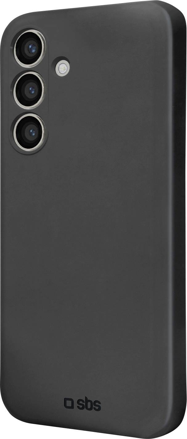 Černý obal na chytrý telefon se třemi otvory pro zadní fotoaparáty a dalším prostorem pro blesk, s logem SBS v dolní části.