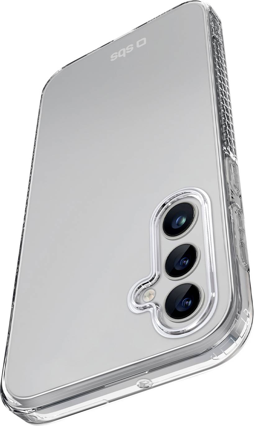 Smartphone se třemi kamerami na zadní straně v průhledném pouzdru, natočený tak, aby byl vidět detail čoček a elegantní design.