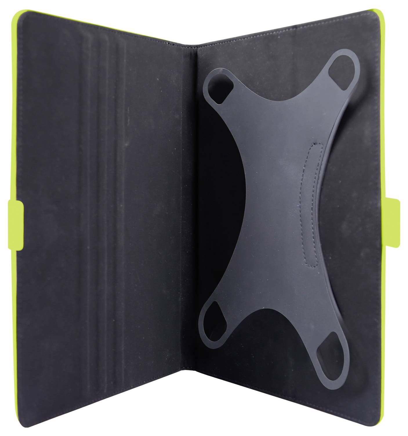 Pouzdro na tablet je zobrazeno otevřené a odhaluje flexibilní držák se čtyřmi elastickými rohy pro zajištění tabletu. Vnitřek je černý.