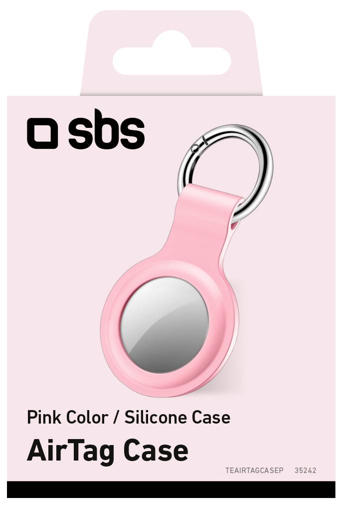 Obal na „AirTag Case" zobrazující růžové silikonové pouzdro s kovovým kroužkem, označené značkou „sbs".