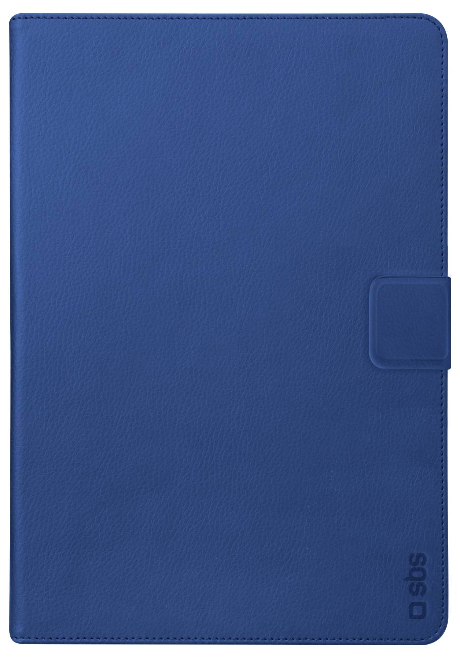 Zobrazeno je modré pouzdro na tablet s klopou. Vyznačuje se elegantním, minimalistickým designem s malým logem v pravém dolním rohu.