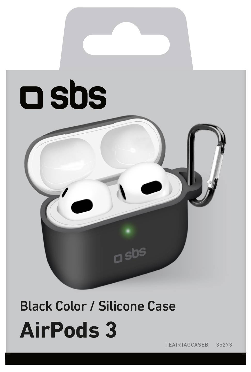 Obrázek obalu produktu zobrazující černý silikonový obal na AirPods 3 od společnosti SBS s karabinovou sponou a otevřeným pouzdrem na AirPods.
