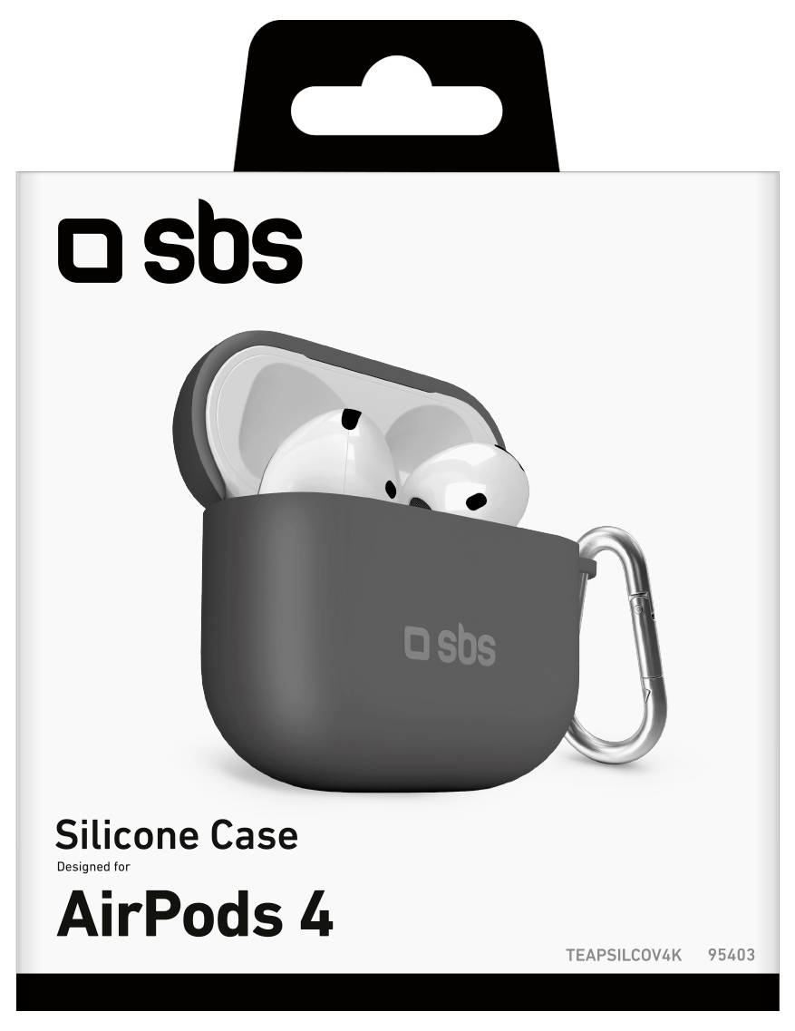 Obal na AirPods 4 silikonový kryt od SBS' s obrázkem pouzdra obsahujícího AirPods. Vybaven klipem na připevnění.