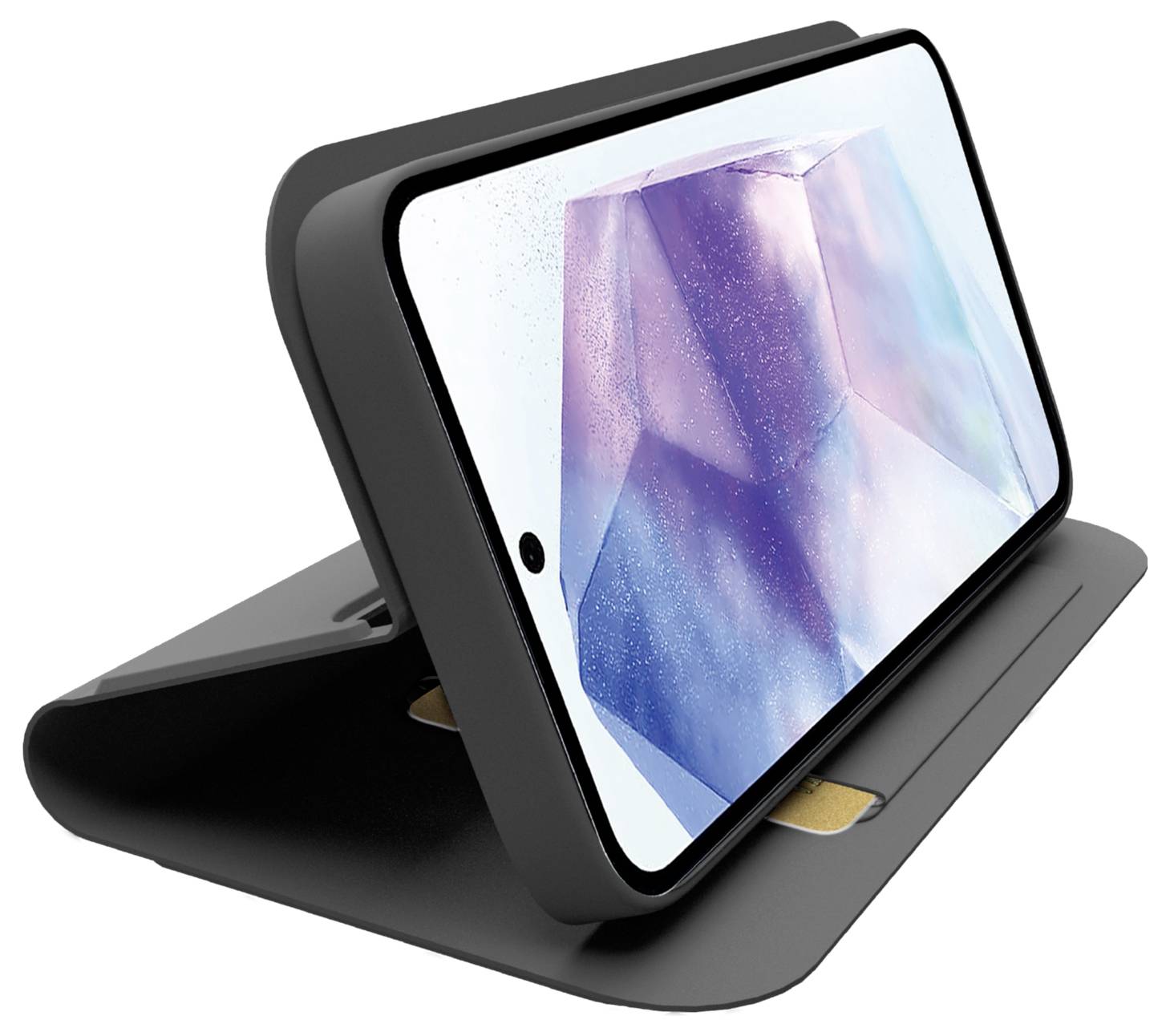 Chytrý telefon v černém pouzdru, opřený o stojan, zobrazuje na displeji fazetovaný abstraktní design, pohled z úhlu.