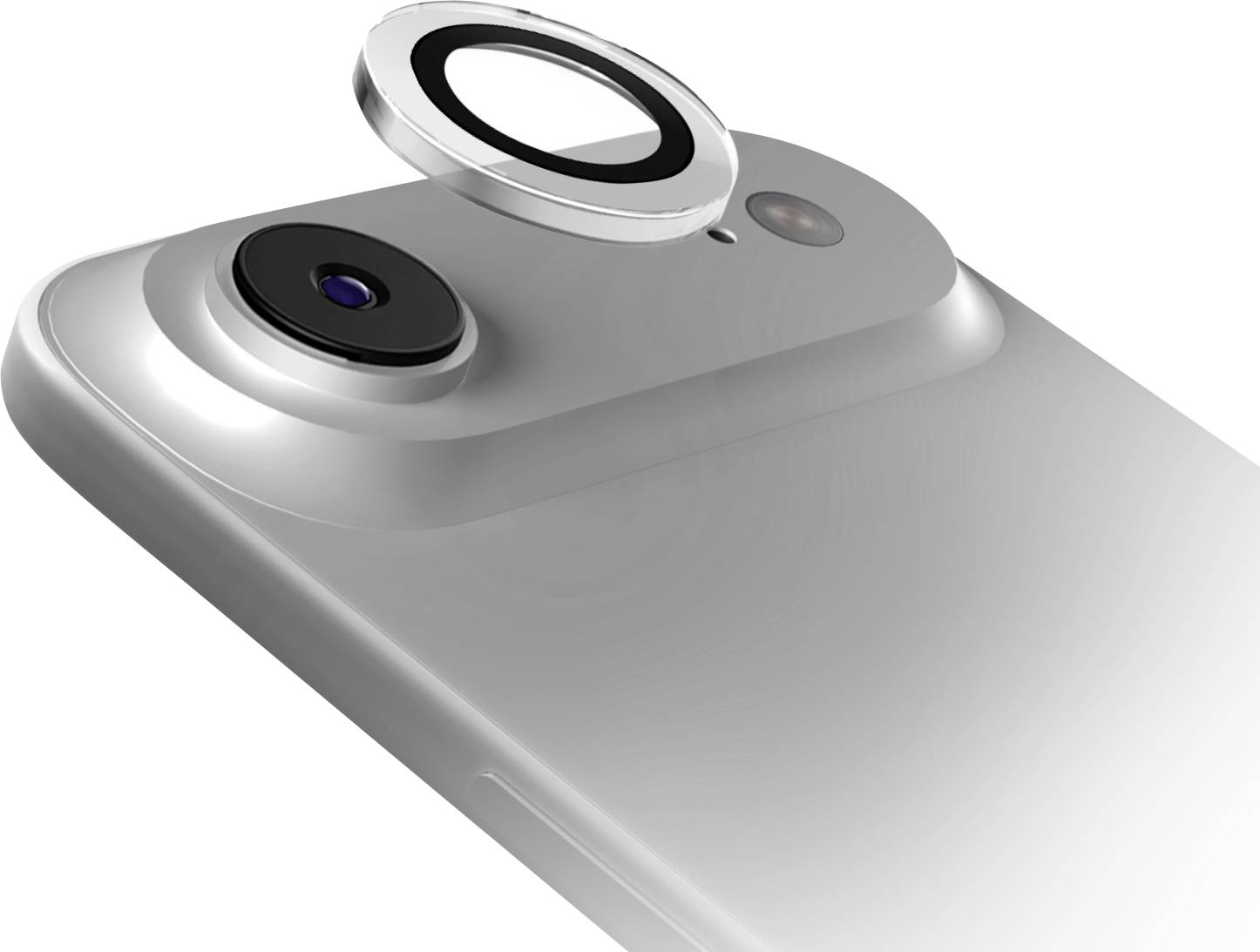 Objektiv fotoaparátu chytrého telefonu, zvýrazněný plovoucím kulatým skleněným prvkem nahoře, na stříbřitém pozadí zařízení.