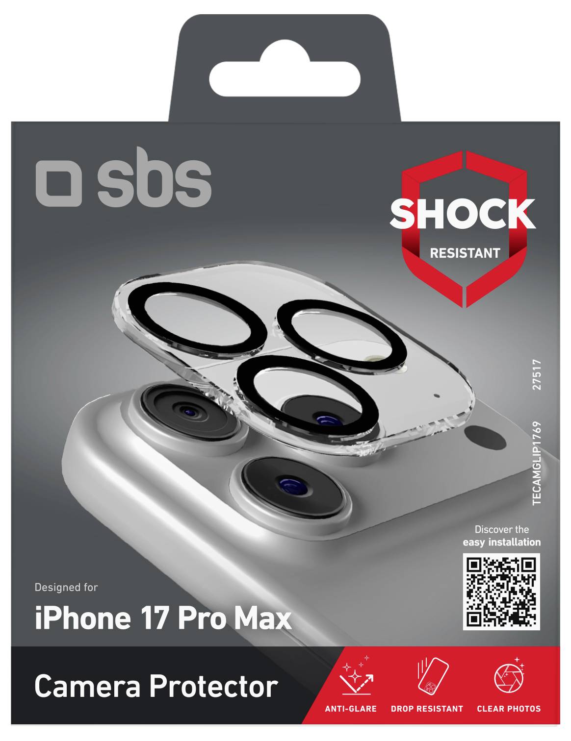 Obal 'iPhone 17 Pro Max Camera Protector' ukazuje jasný otřesuvzdorný štít určený k ochraně trojitých fotoaparátů.