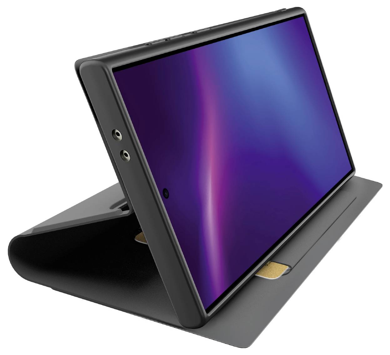 Tablet v černém, skoseném stojanu, který zobrazuje obrazovku s modrým a fialovým přechodem. Stojánek je umístěn na rovné ploše.