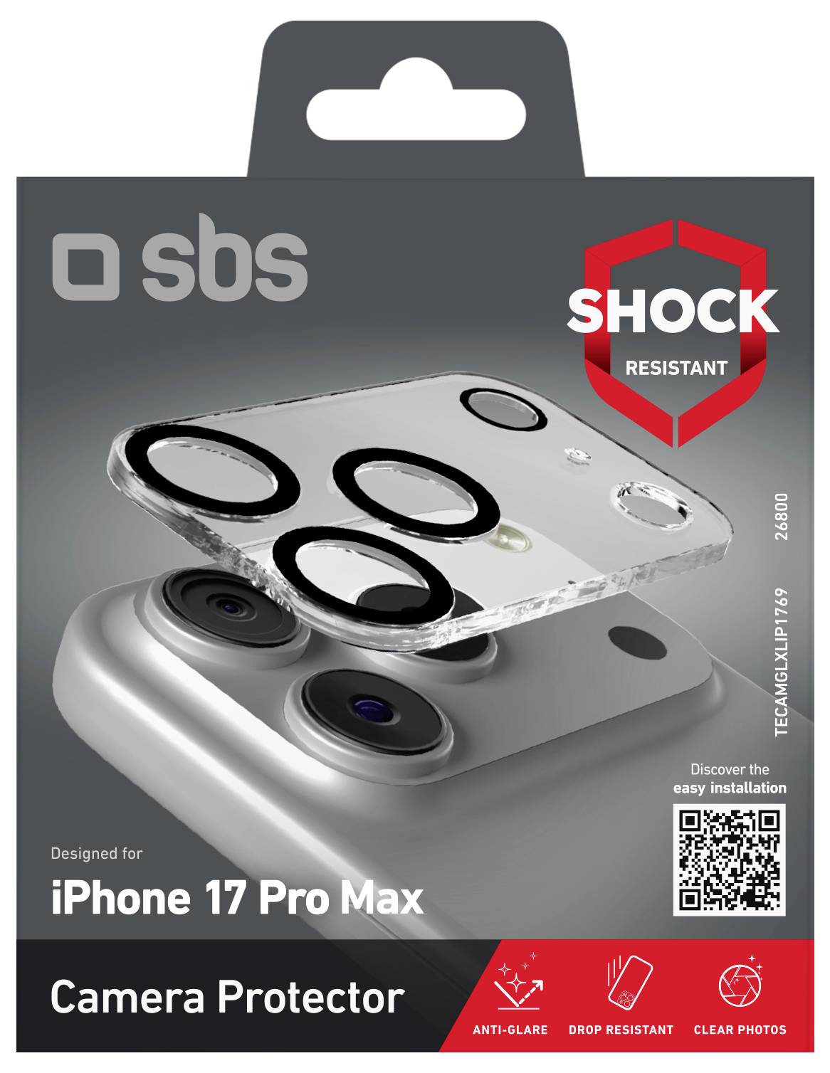 Ochranná fólie pro fotoaparát iPhone 17 Pro Max od SBS. Odolná proti nárazům, anti-glare, odolná proti pádu, jasné fotografie. Zahrnuje snadnou instalaci.