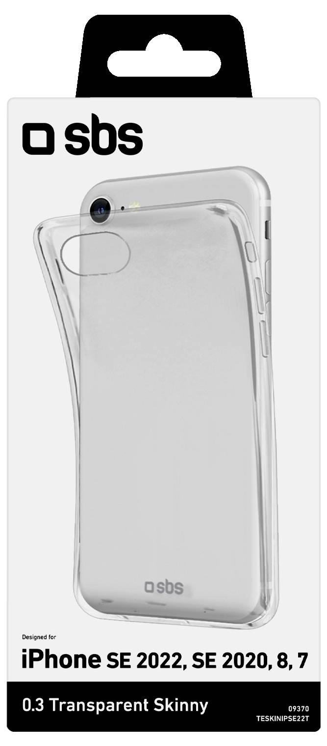 Průhledný kryt označený '0.3 Transparent Skinny' pro iPhone SE 2022, SE 2020, 8, 7 od společnosti SBS; balení je černobílé s obrázkem produktu.