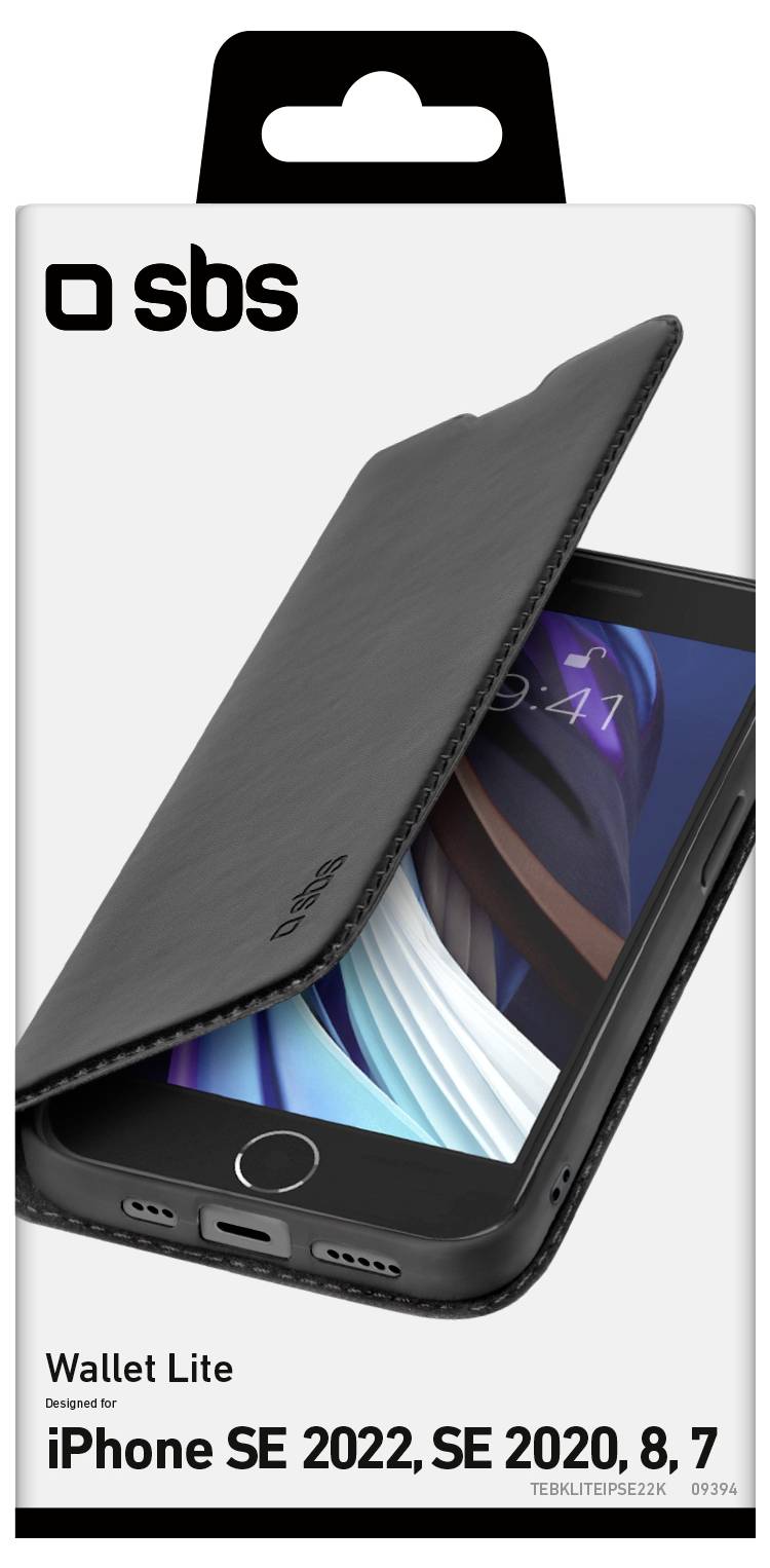 Pouzdro na telefon pro iPhone SE 2022, SE 2020, 8, 7, označené "Wallet Lite" od společnosti SBS. Obrázek zobrazuje pouzdro, které částečně zakrývá obrazovku telefonu.