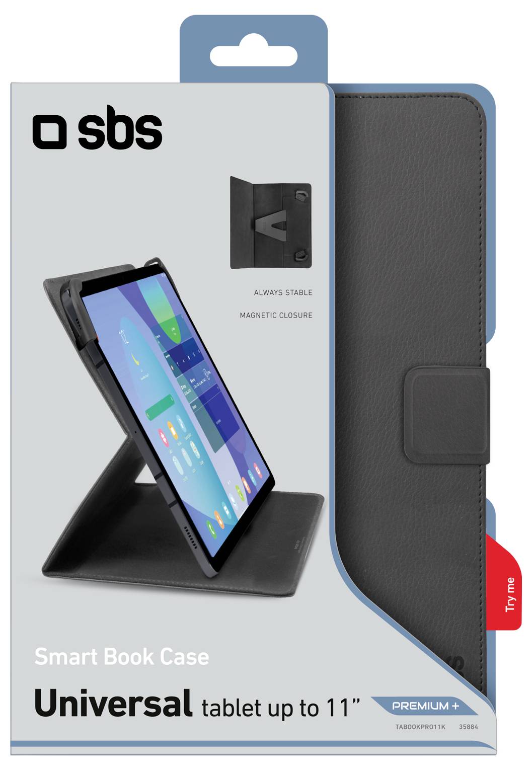 Balení univerzálního pouzdra na tablet určeného pro tablety do 11 palců, vybavené funkcí stojanu a magnetickým uzavíráním.