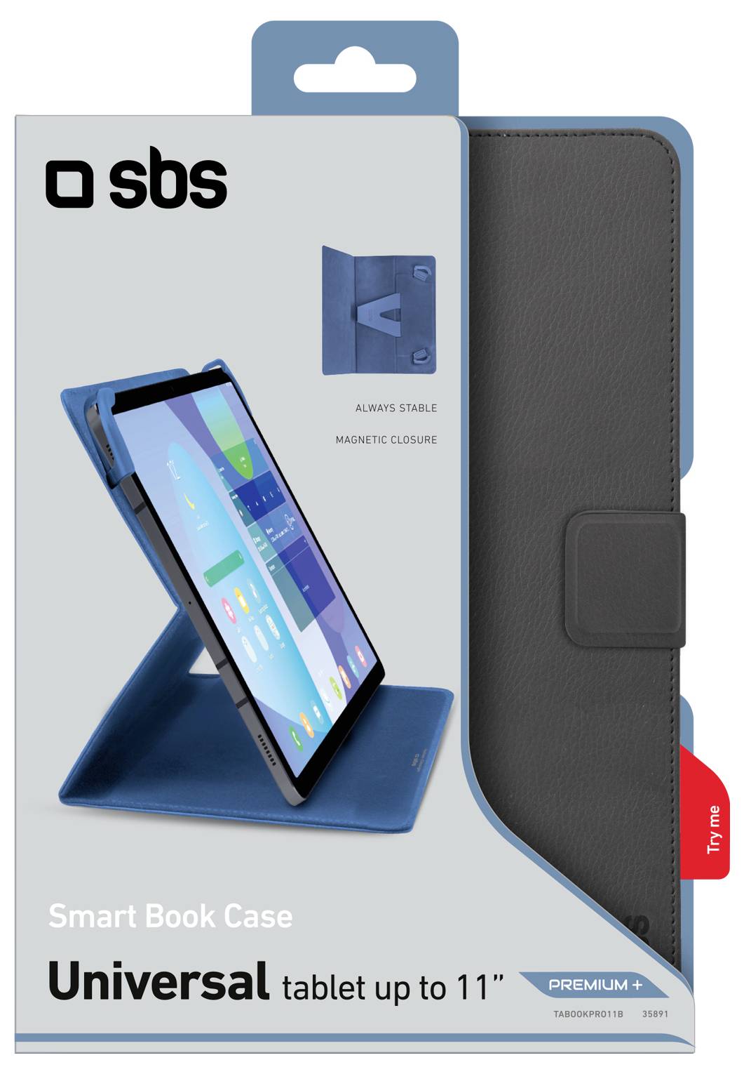 Univerzální pouzdro na tablet do 11 palců' znázorněno na obalu s textem 'Vždy stabilní', 'Magnetické zavírání' a 'Smart Book Case'.