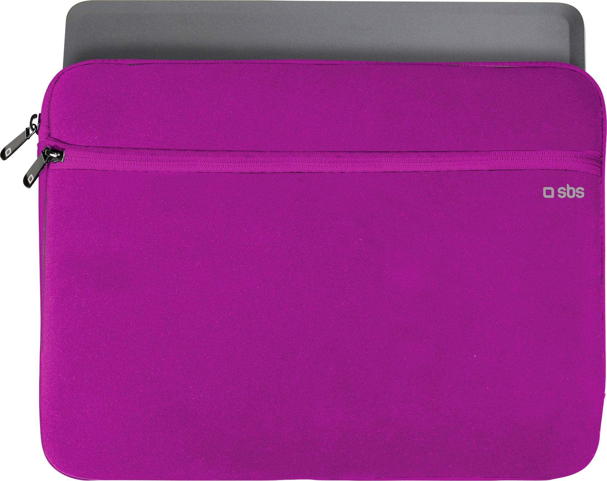 Růžové pouzdro na laptop se zipem a logem SBS v rohu, částečně odhalující šedý laptop uvnitř.