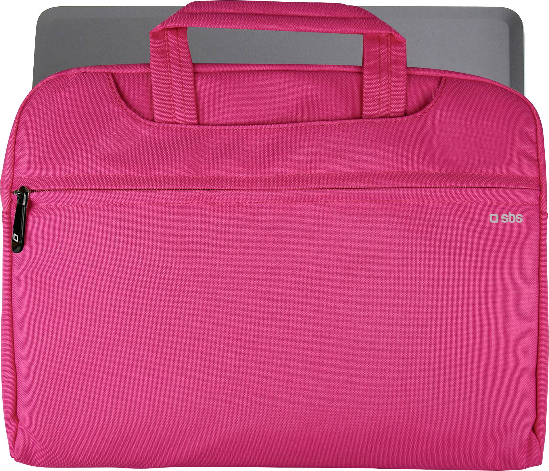 Živě růžová taška na notebook s pásy a předním kapsou na zip, ze které částečně vyčnívá šedý notebook.