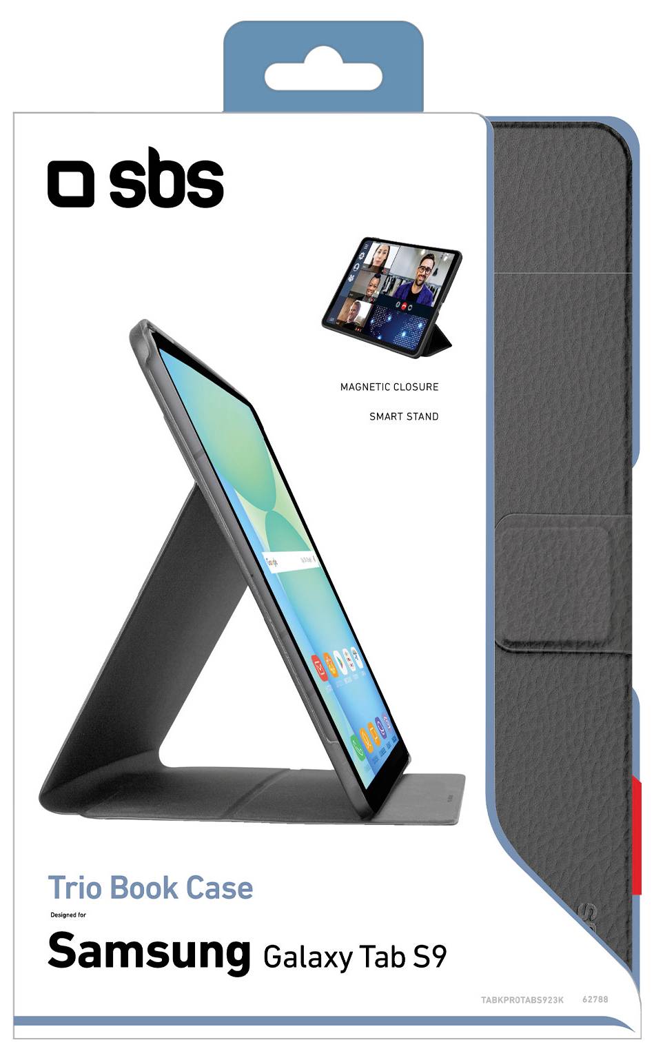 Obaly "Trio Book Case" pro Samsung Galaxy Tab S9, obsahuje magnetické uzavírání a inteligentní stojan. Obrázek pouzdra s tabletem v použití.