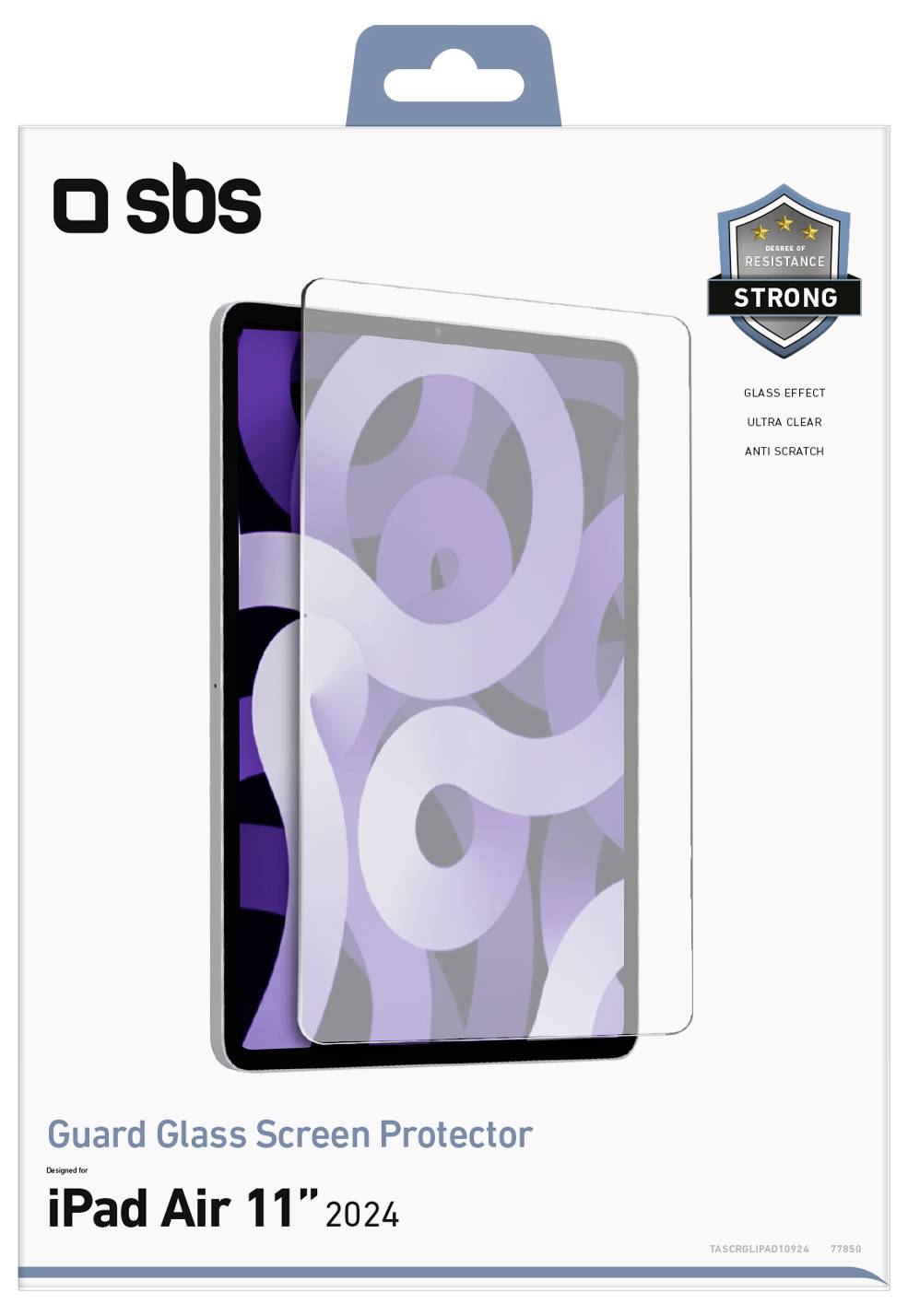 Balíček „iPad Air 11'' 2024 Guard Glass Screen Protector" zobrazuje průhlednou ochrannou vrstvu na tabletu s fialovým spirálovým vzorem.