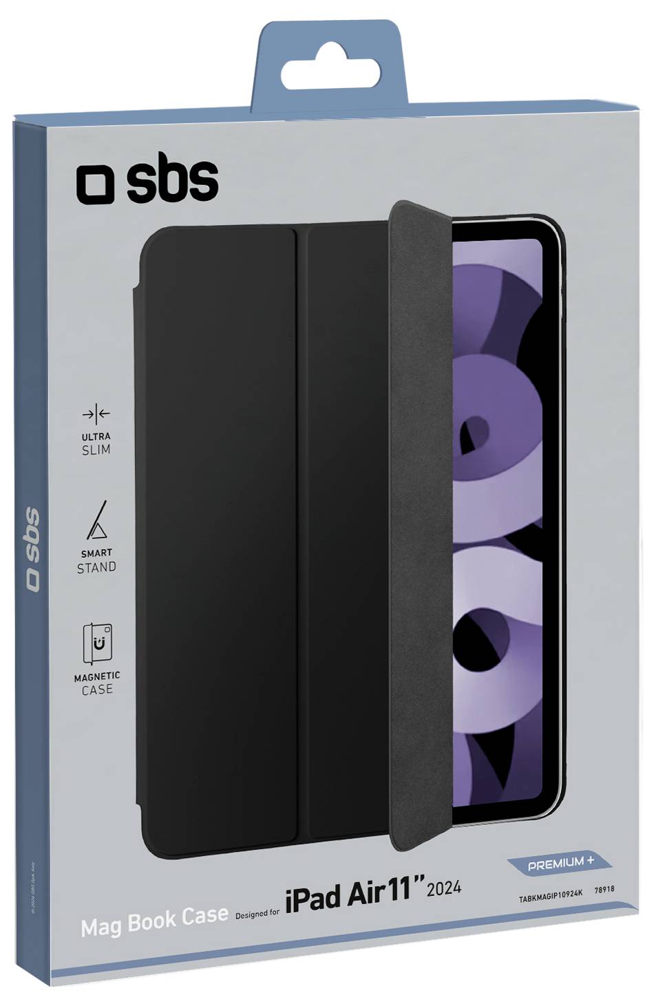 Obalování "Mag Book Case" pro "iPad Air 11" 2024". Mezi funkce patří ultra tenký design, chytrý stojan, magnetické pouzdro. Částečně zobrazeno černé pouzdro.