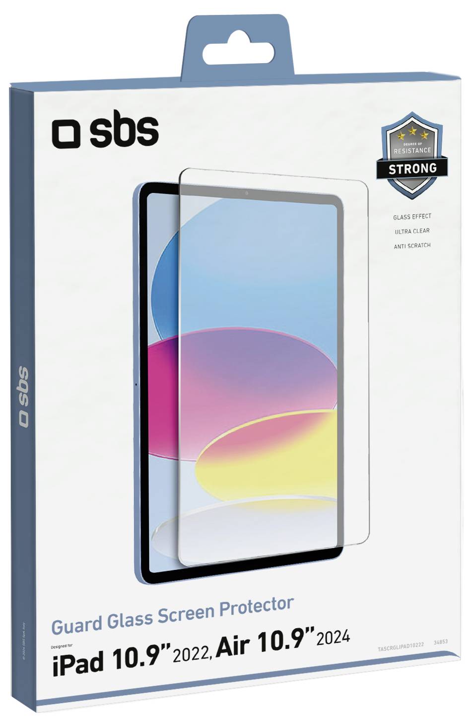 Ochranné sklo na iPad 10,9'' - balení ochranného skla na obrazovku zobrazující ochranné sklo na iPadu s barevným pozadím.