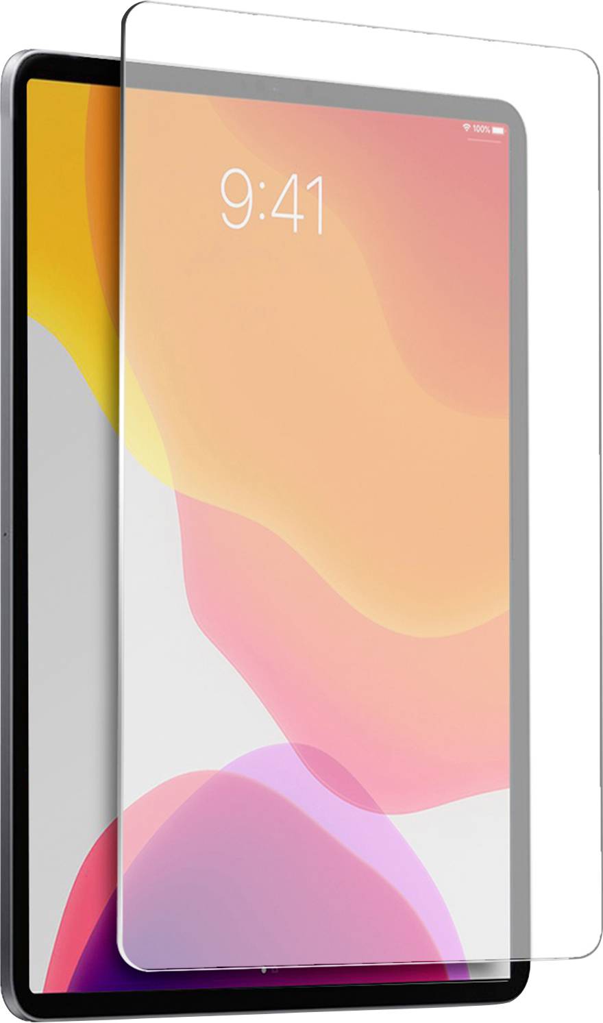 Na tabletu je zobrazen ochranný displej přes tablet s abstraktním barevným pozadím s časem '9:41'.