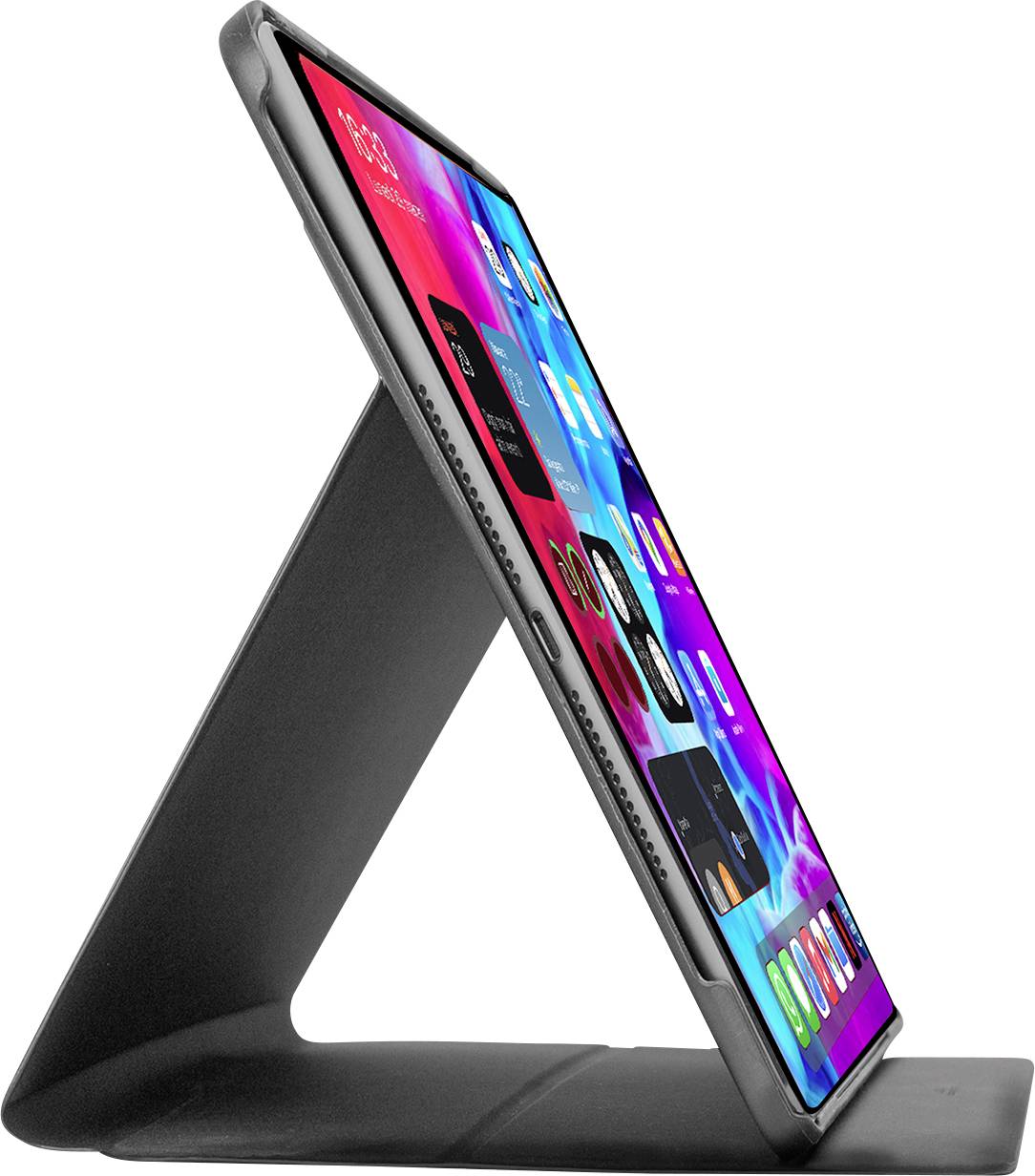 Tablet s barevnou domovskou obrazovkou zobrazenou na trojúhelníkovém stojanu, pohled zezadu na neutrálním pozadí.
