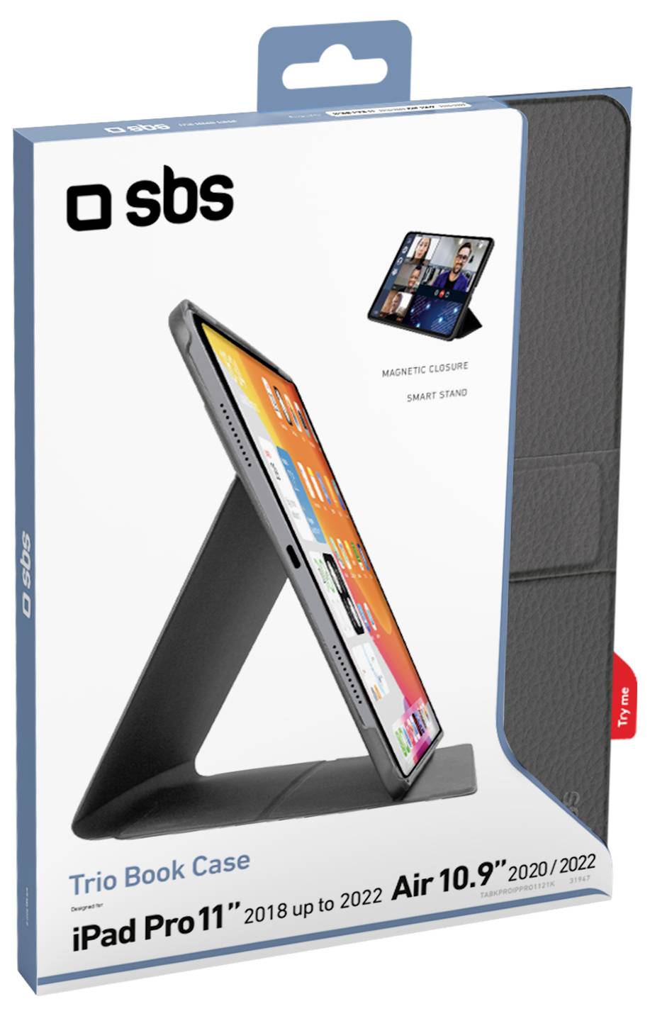 "Trio Book Case" balení pro iPad Pro 11" a Air 10.9" (2020/2022), s prezentací funkce stojanu a magnetickým uzavřením.