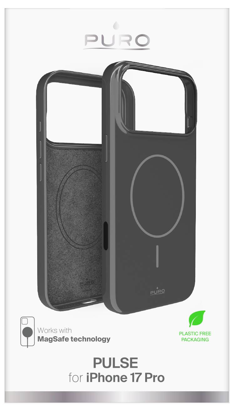 Pouzdro pro iPhone 17 Pro zobrazující dvě černé pouzdra s technologií MagSafe. Text: "Pulse pro iPhone 17 Pro" a "Balení bez plastů".
