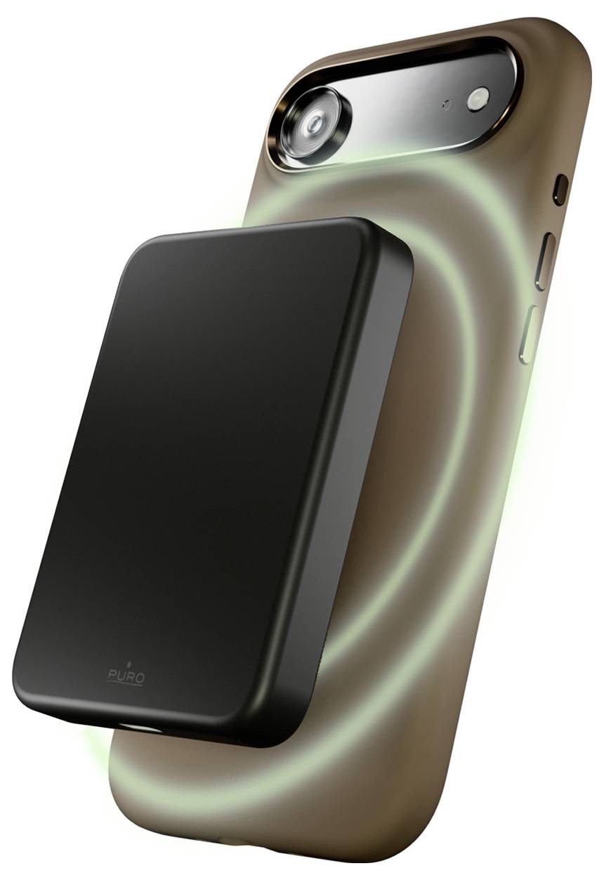 Smartphone s magnetickým pouzdrem a připojenou bezdrátovou nabíječkou, zářící světlo kolem okrajů, kterým se demonstruje nabíjecí schopnost.