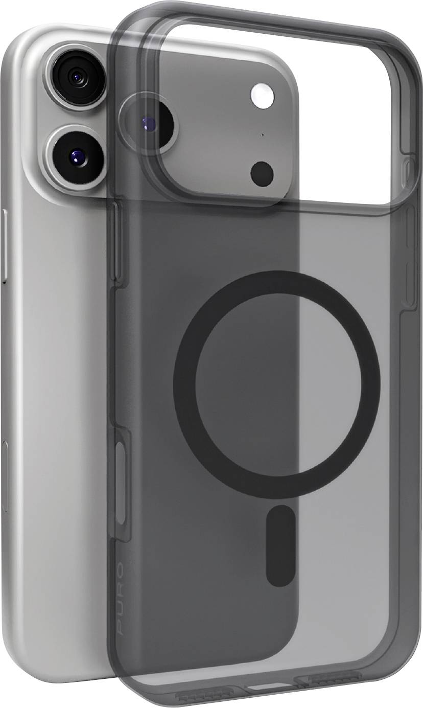 Telefon s duálními zadními kamerami vedle transparentního pouzdra na telefon se kruhový návrhem pro kompatibilitu s MagSafe.