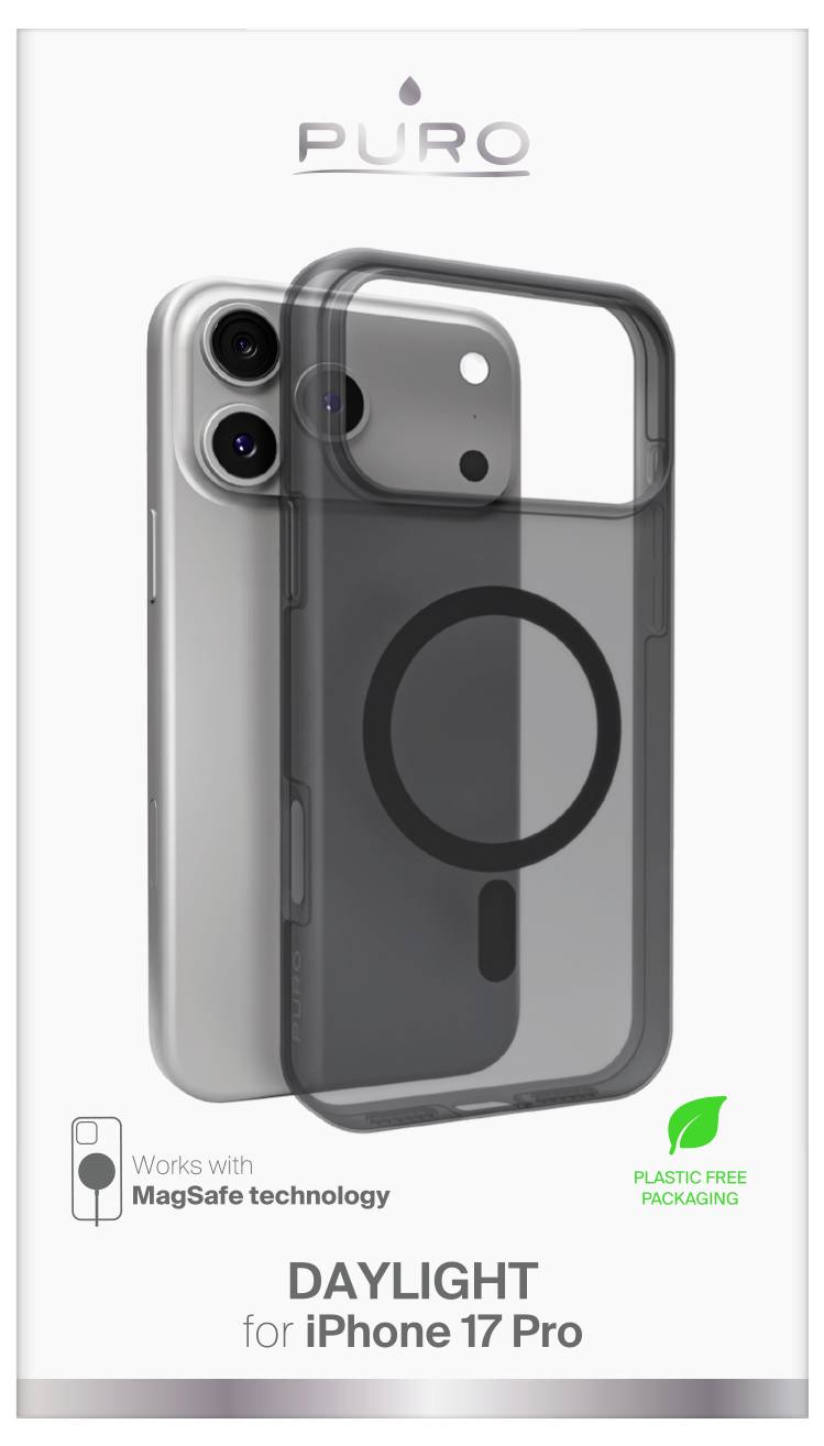 Puro Daylight pouzdro pro iPhone 17 Pro s technologií MagSafe, k dispozici v plastové obalu bez plastů.